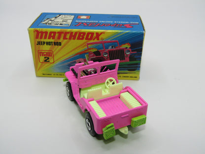 Matchbox Superfast 2B Jeep Hot Rod, Dark PINK Dayglow Yellow Green Base 4 Spoke Wheels
