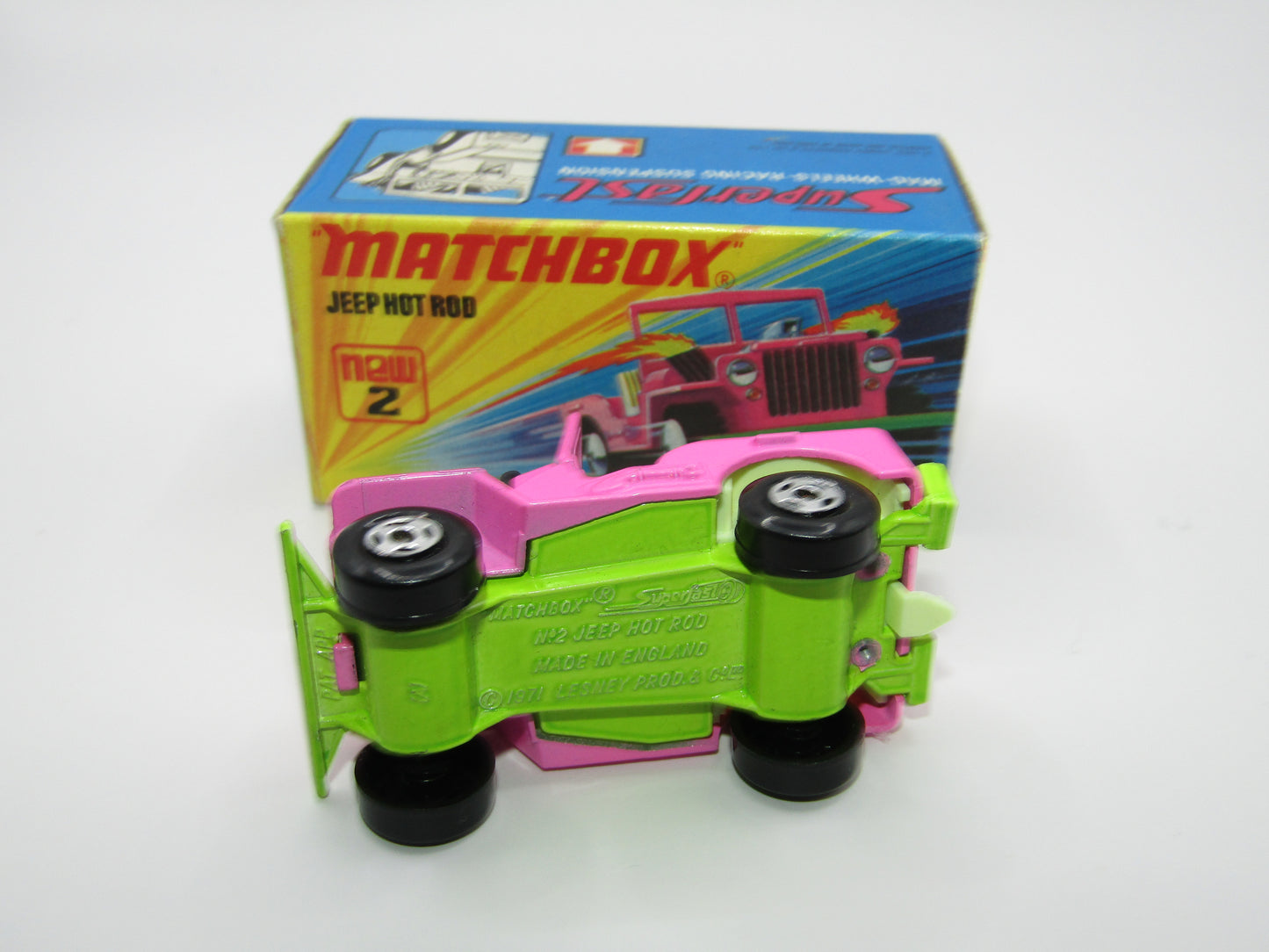 Matchbox Superfast 2B Jeep Hot Rod, Dark PINK Dayglow Yellow Green Base 4 Spoke Wheels