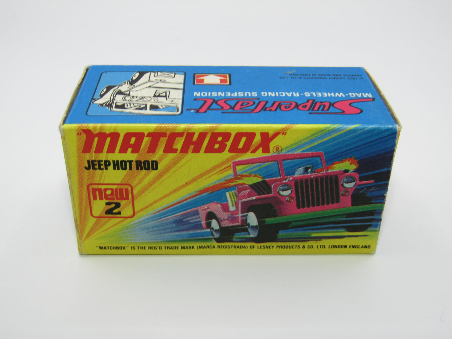 Matchbox Superfast 2B Jeep Hot Rod, Dark PINK Dayglow Yellow Green Base 4 Spoke Wheels