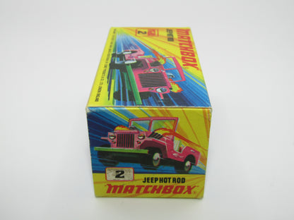 Matchbox Superfast 2B Jeep Hot Rod, Dark PINK Dayglow Yellow Green Base 4 Spoke Wheels