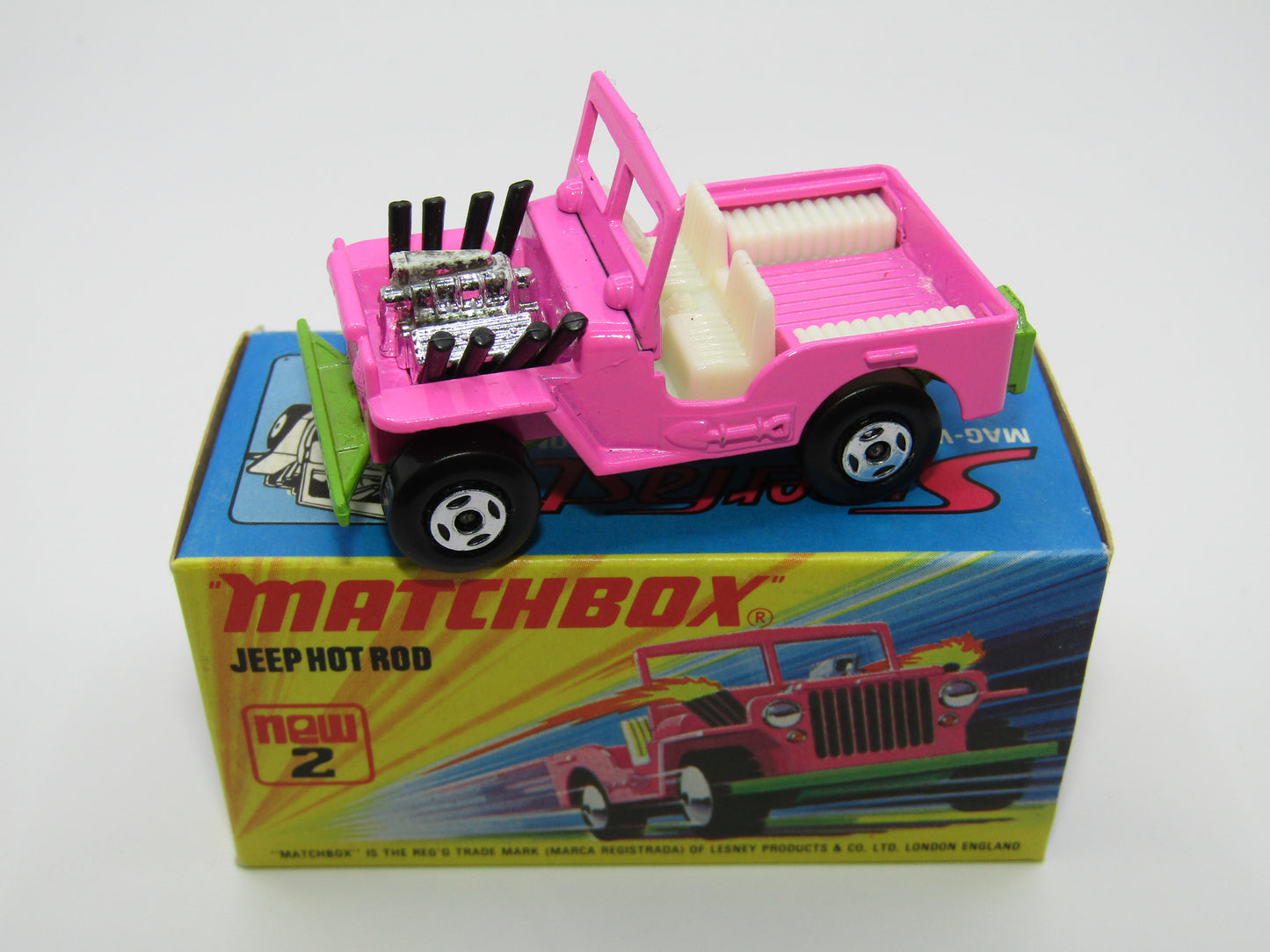 Matchbox Superfast 2B Jeep Hot Rod, Hot Pink WHITE Interior 4 Spoke Wheels