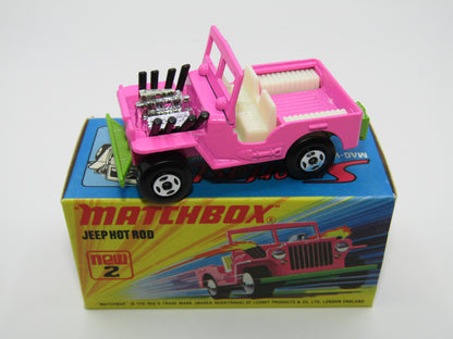 Matchbox Superfast 2B Jeep Hot Rod, Hot Pink WHITE Interior 4 Spoke Wheels