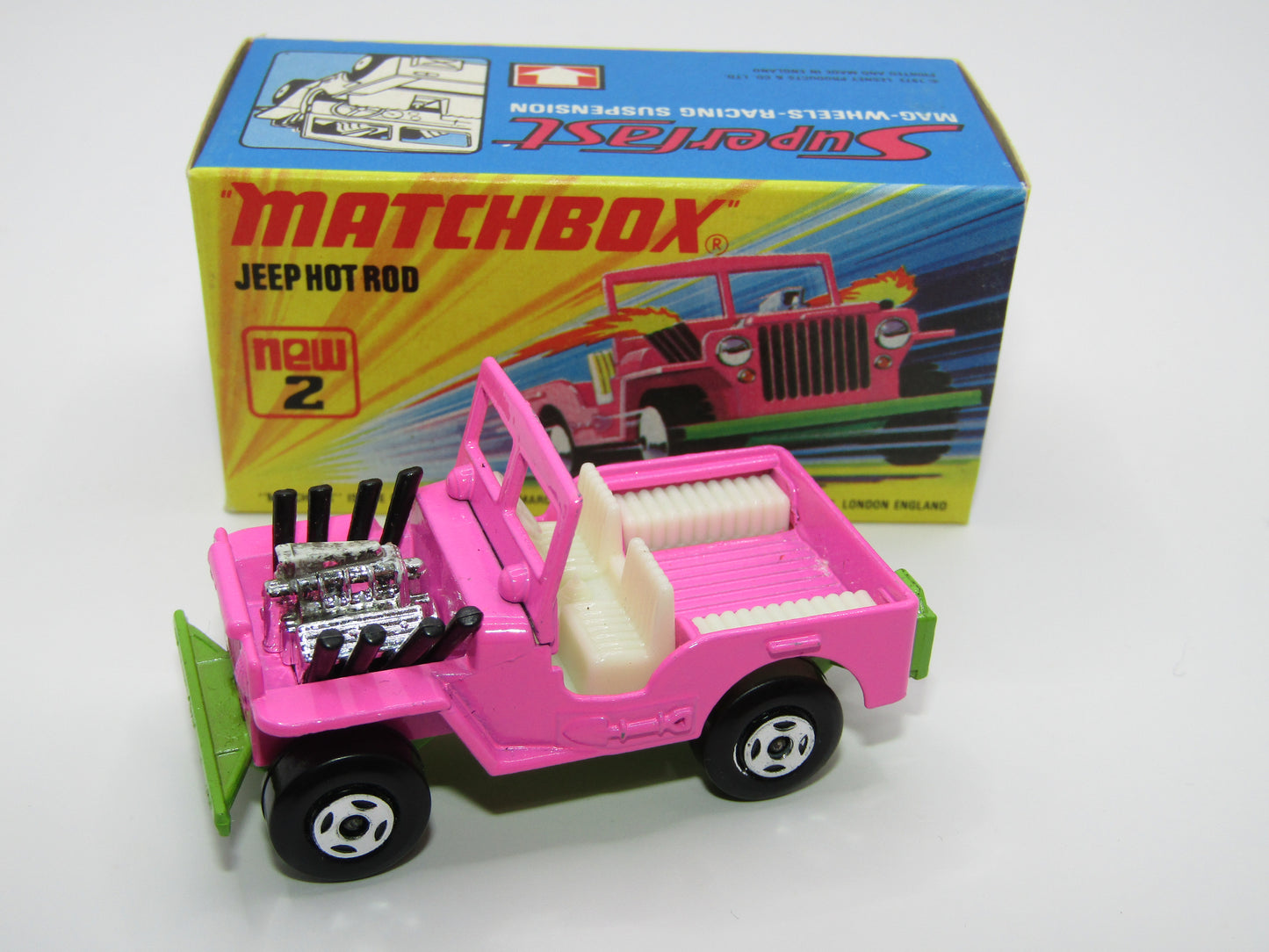 Matchbox Superfast 2B Jeep Hot Rod, Hot Pink WHITE Interior 4 Spoke Wheels