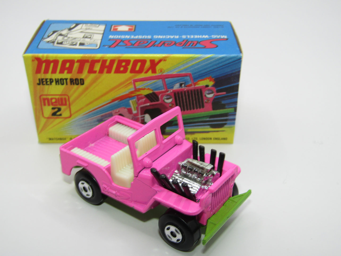 Matchbox Superfast 2B Jeep Hot Rod, Hot Pink WHITE Interior 4 Spoke Wheels