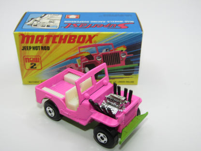 Matchbox Superfast 2B Jeep Hot Rod, Hot Pink WHITE Interior 4 Spoke Wheels