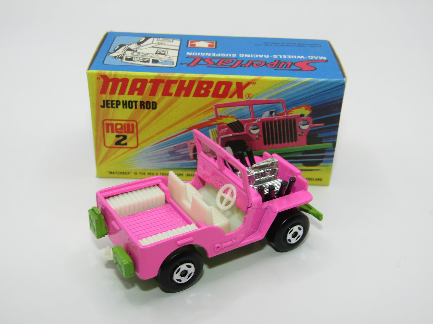 Matchbox Superfast 2B Jeep Hot Rod, Hot Pink WHITE Interior 4 Spoke Wheels