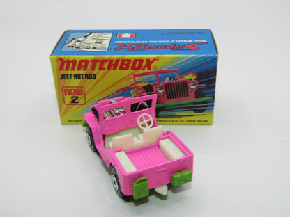 Matchbox Superfast 2B Jeep Hot Rod, Hot Pink WHITE Interior 4 Spoke Wheels