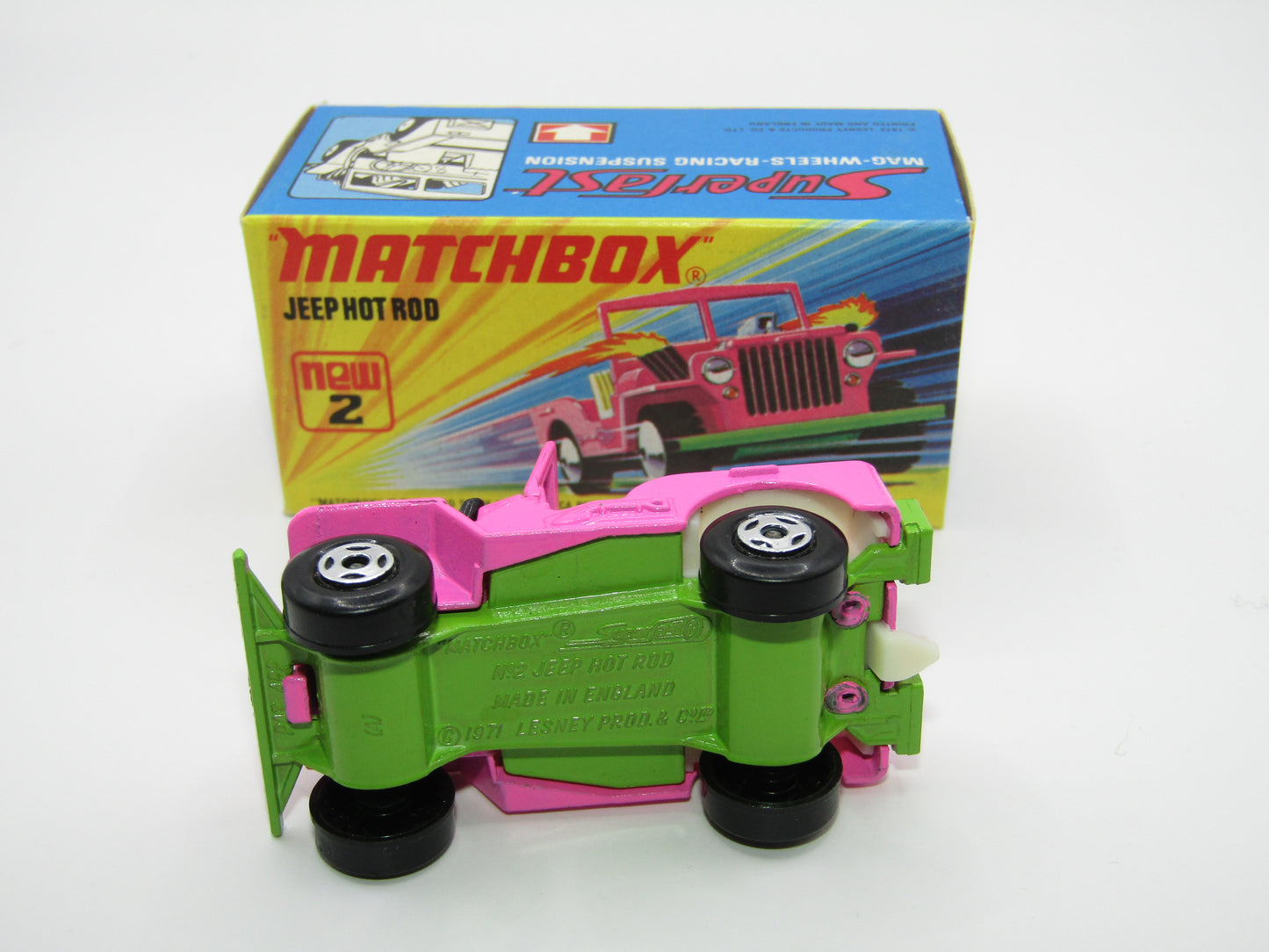 Matchbox Superfast 2B Jeep Hot Rod, Hot Pink WHITE Interior 4 Spoke Wheels