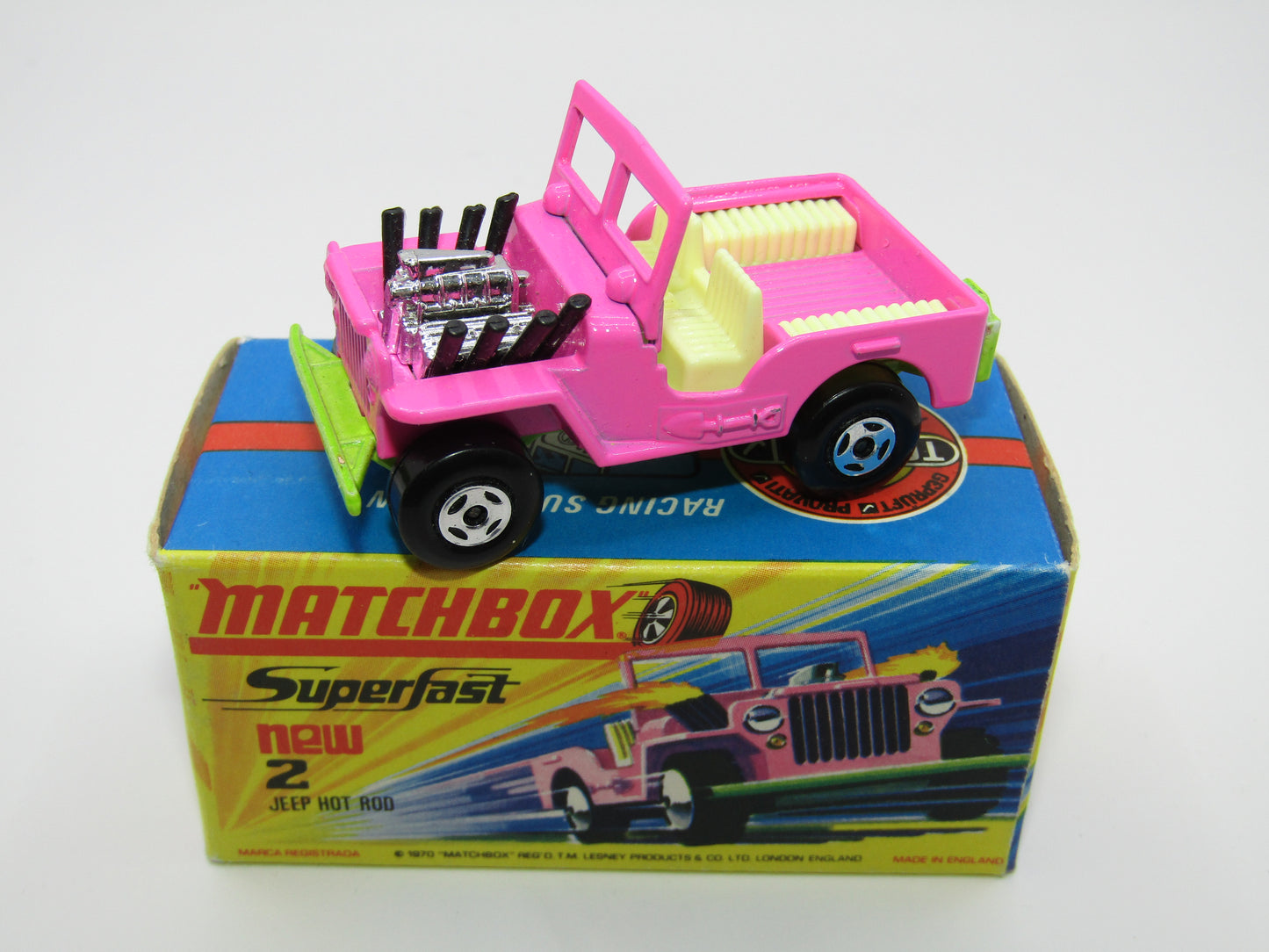 Matchbox Superfast 2B Jeep Hot Rod, Light PINK Dayglow Yellow Green Base 4 Spoke Wheels