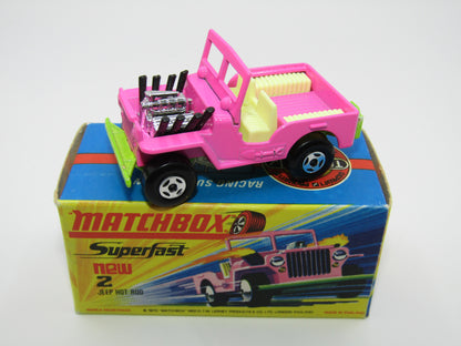 Matchbox Superfast 2B Jeep Hot Rod, Light PINK Dayglow Yellow Green Base 4 Spoke Wheels