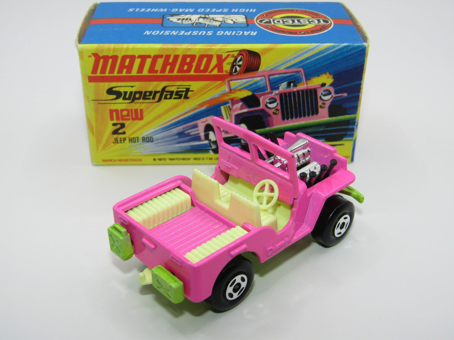 Matchbox Superfast 2B Jeep Hot Rod, Light PINK Dayglow Yellow Green Base 4 Spoke Wheels
