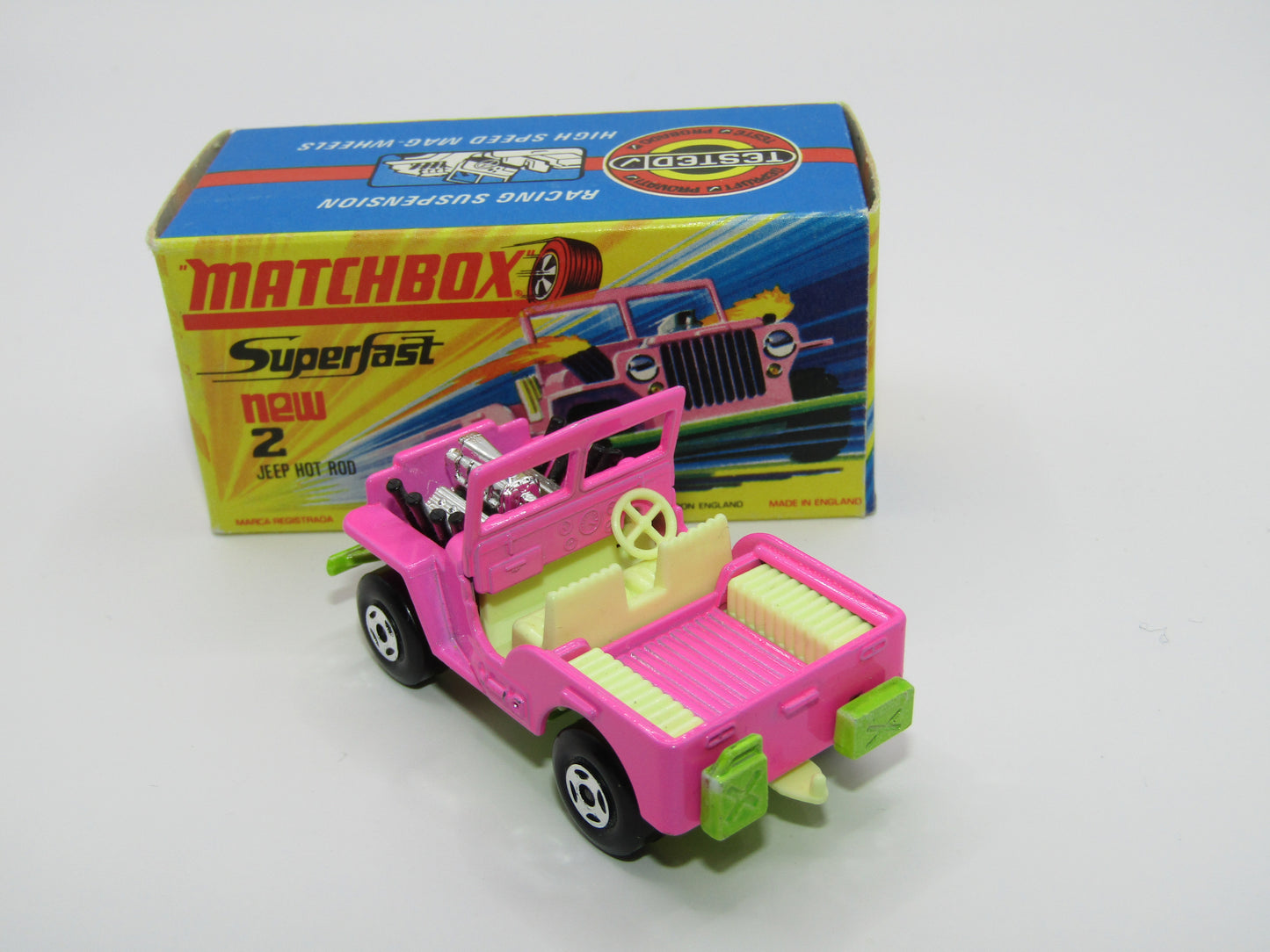 Matchbox Superfast 2B Jeep Hot Rod, Light PINK Dayglow Yellow Green Base 4 Spoke Wheels