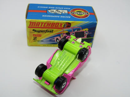 Matchbox Superfast 2B Jeep Hot Rod, Light PINK Dayglow Yellow Green Base 4 Spoke Wheels