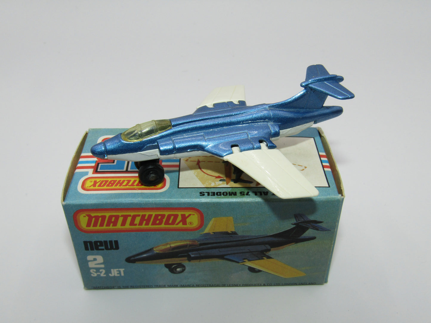 Matchbox Superfast 2D S2 Jet Metallic Blue & White PLAIN wings No Tampo