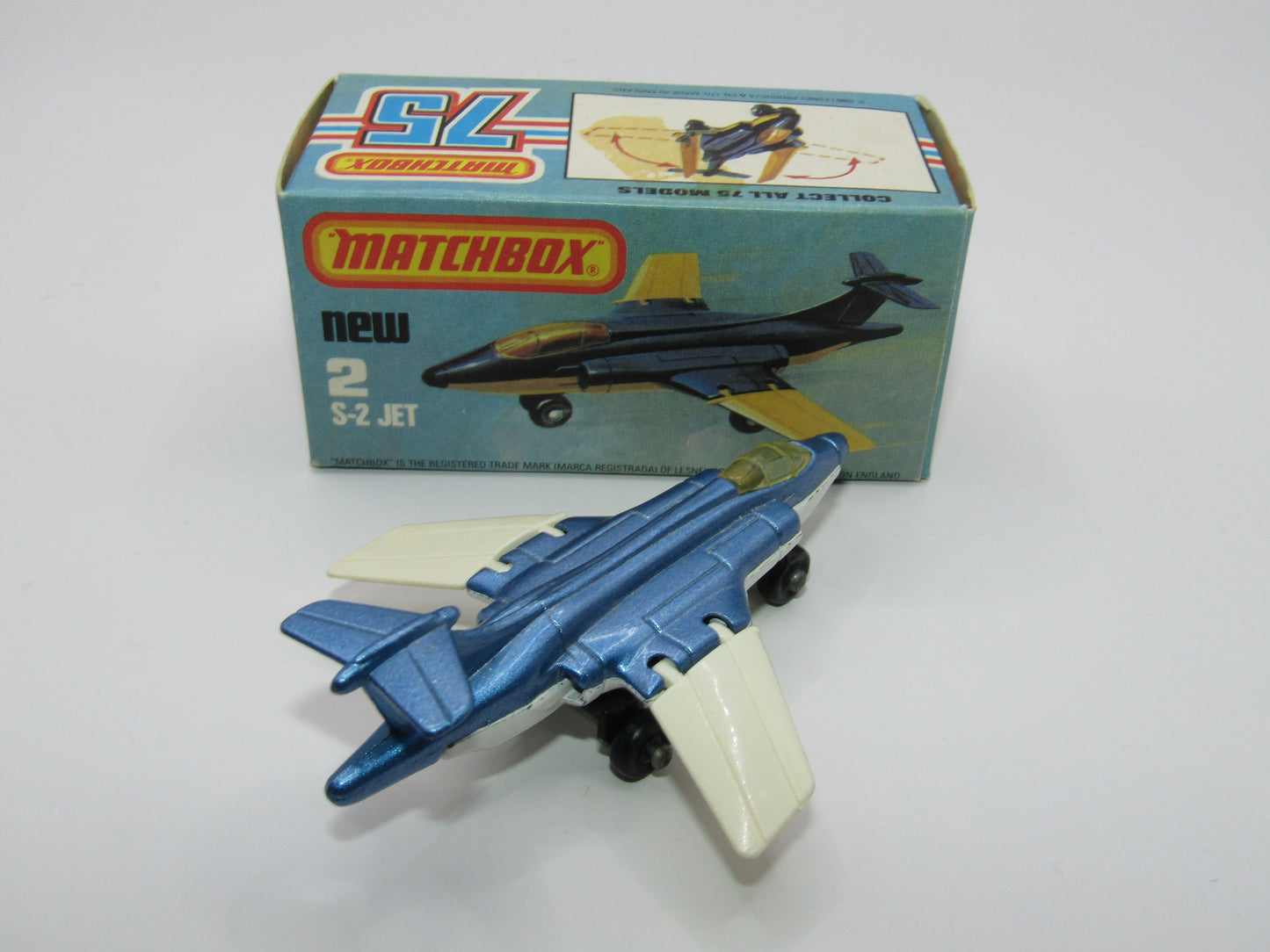 Matchbox Superfast 2D S2 Jet Metallic Blue & White PLAIN wings No Tampo