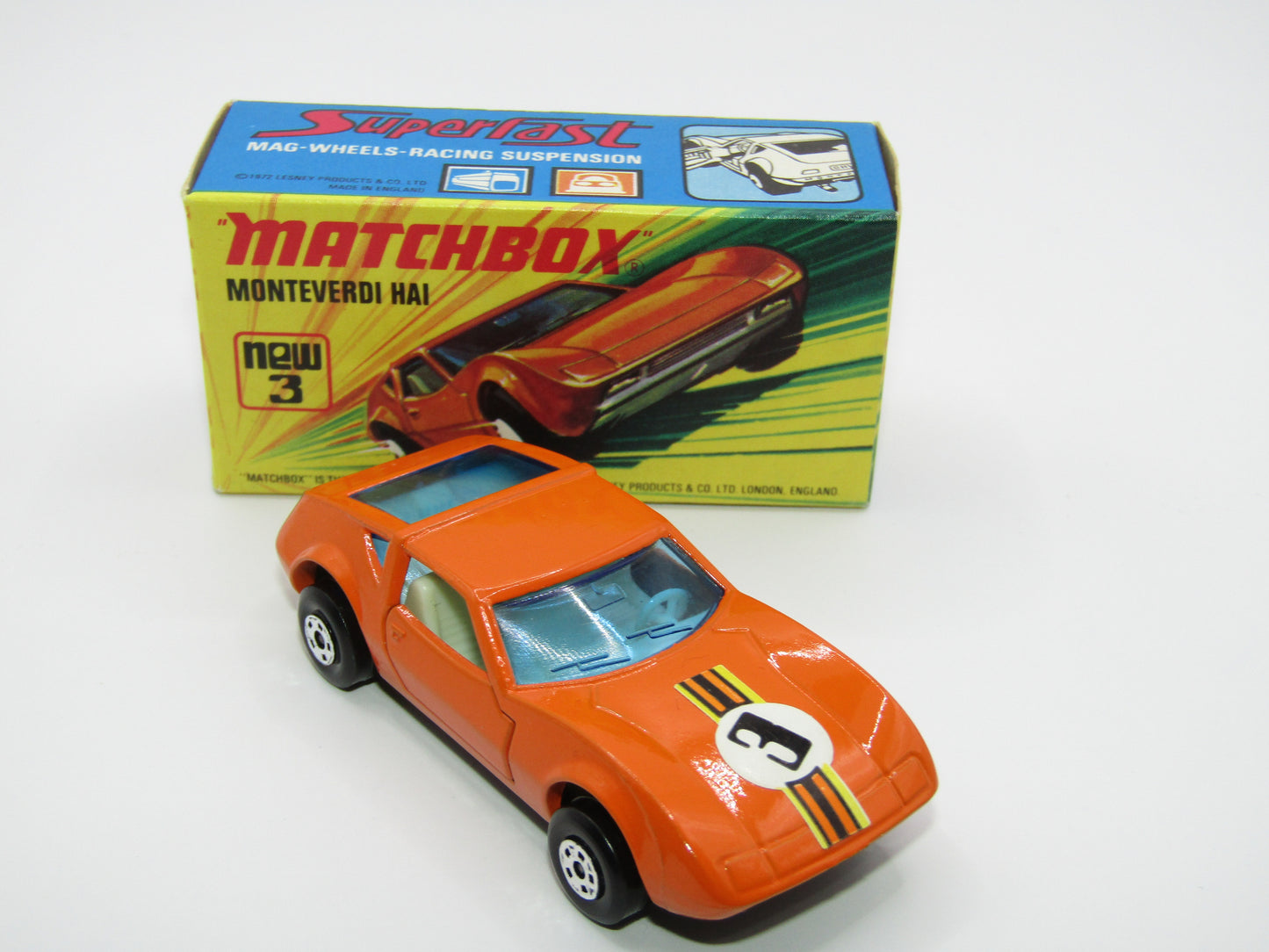 Matchbox Superfast 3B Monteverdi Hai Orange "3" Label BLACK Base
