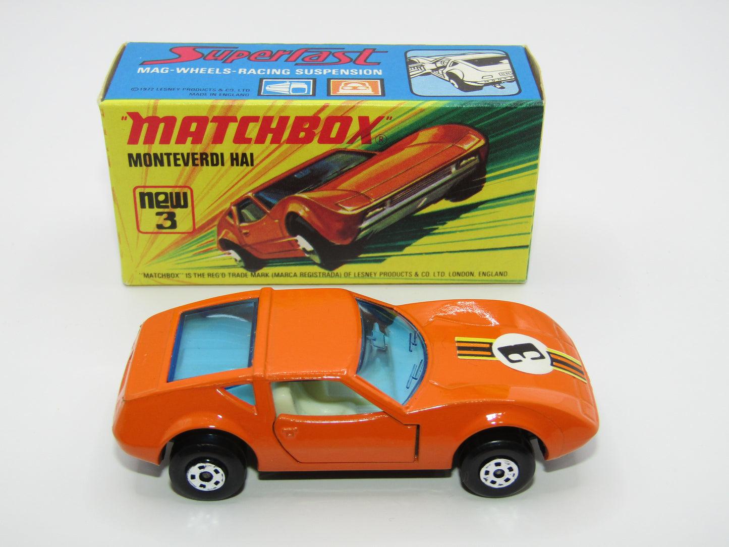 Matchbox Superfast 3B Monteverdi Hai Orange "3" Label BLACK Base