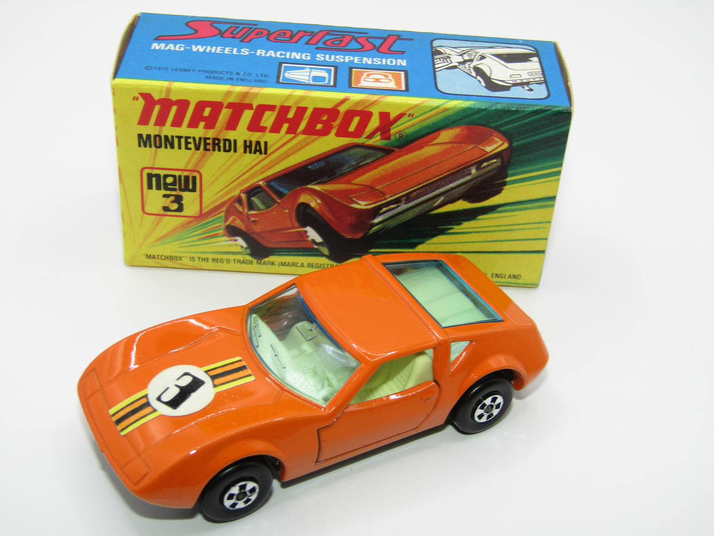 Matchbox Superfast 3B Monteverdi Hai Orange "3" Label PALE BLUE windows & YELLOW Interior