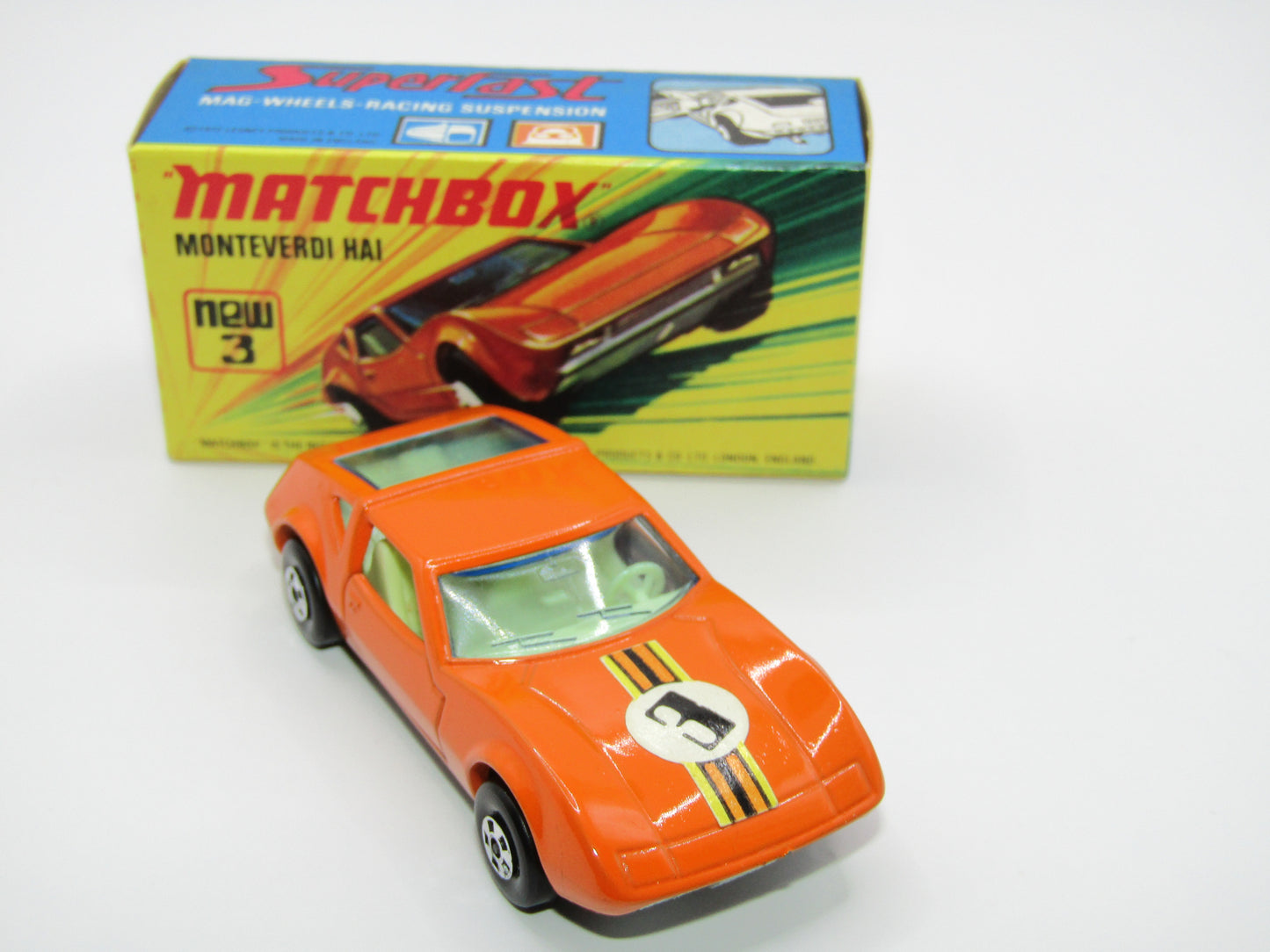 Matchbox Superfast 3B Monteverdi Hai Orange "3" Label PALE BLUE windows & YELLOW Interior