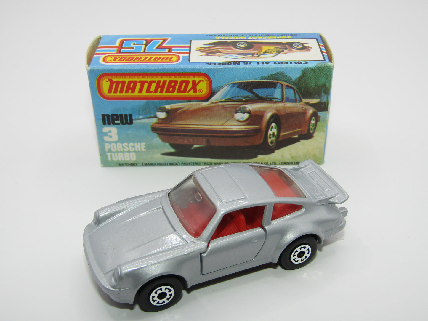 Matchbox Superfast 3C Porsche Turbo MATT SILVER GREY body, Red Interior BROWN Base