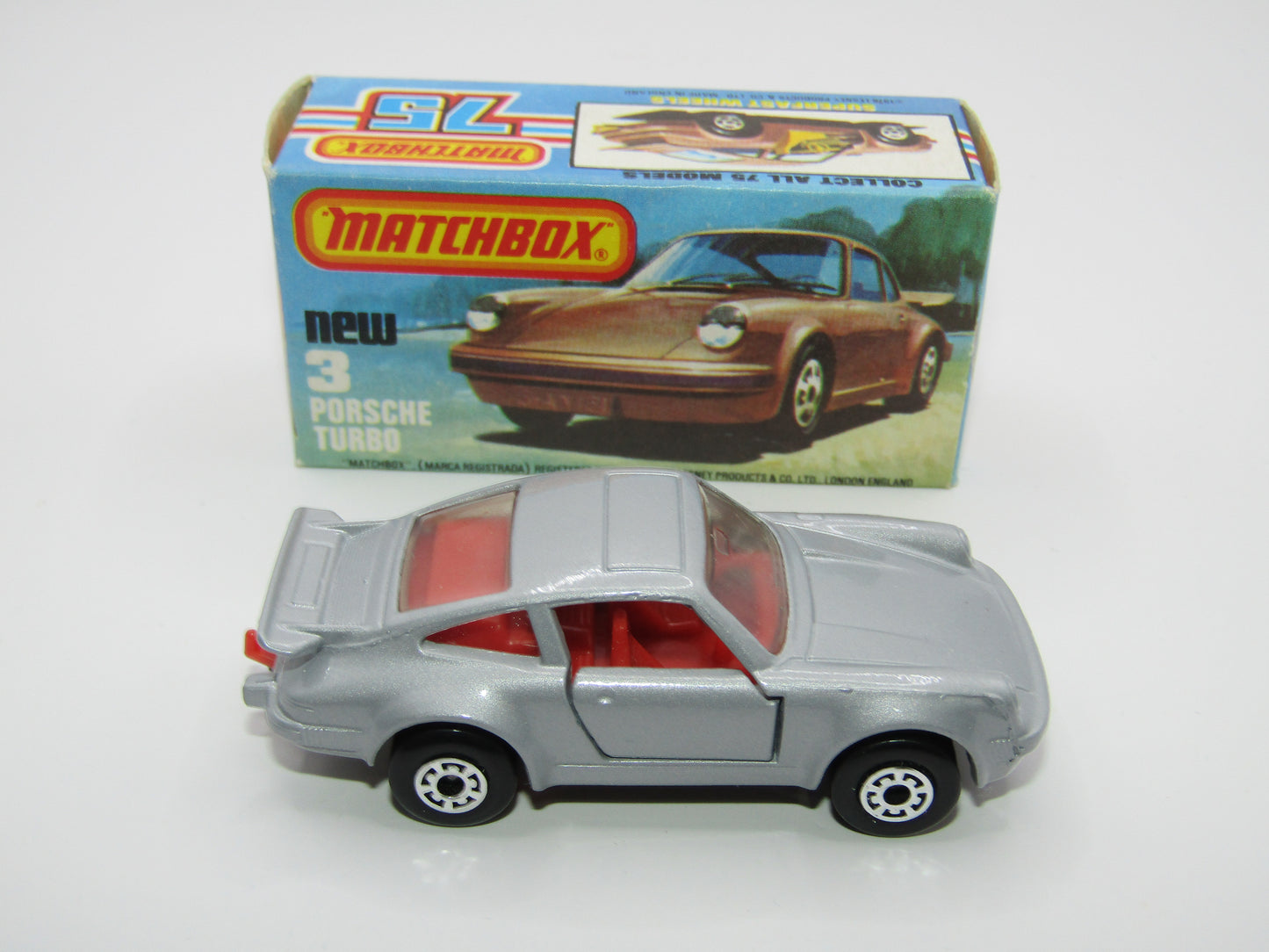 Matchbox Superfast 3C Porsche Turbo MATT SILVER GREY body, Red Interior BROWN Base