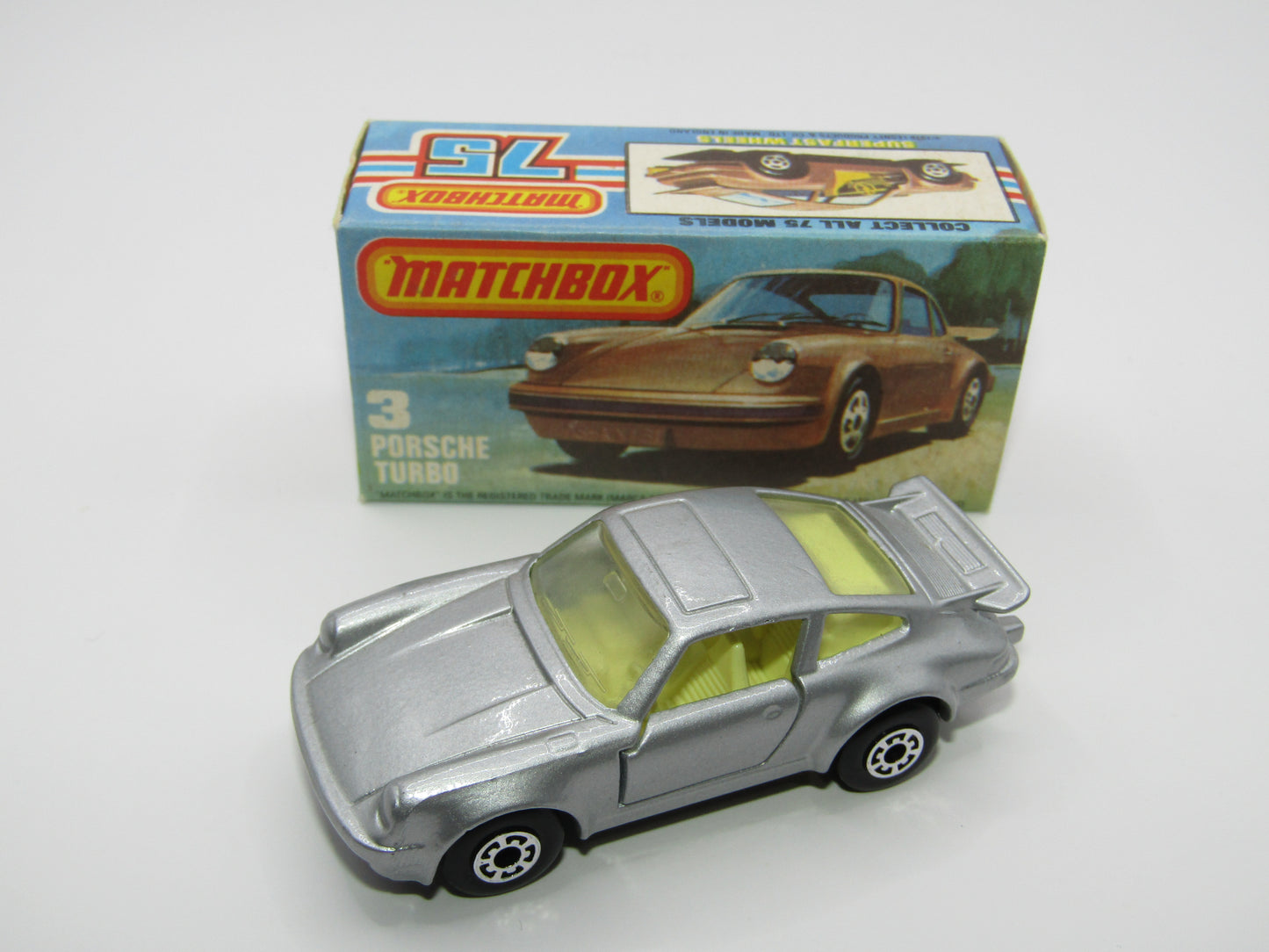 Matchbox Superfast 3C Porsche Turbo Silver, YELLOW Interior BLACK Base