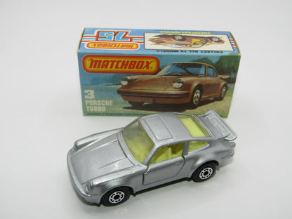 Matchbox Superfast 3C Porsche Turbo Silver, YELLOW Interior BLACK Base