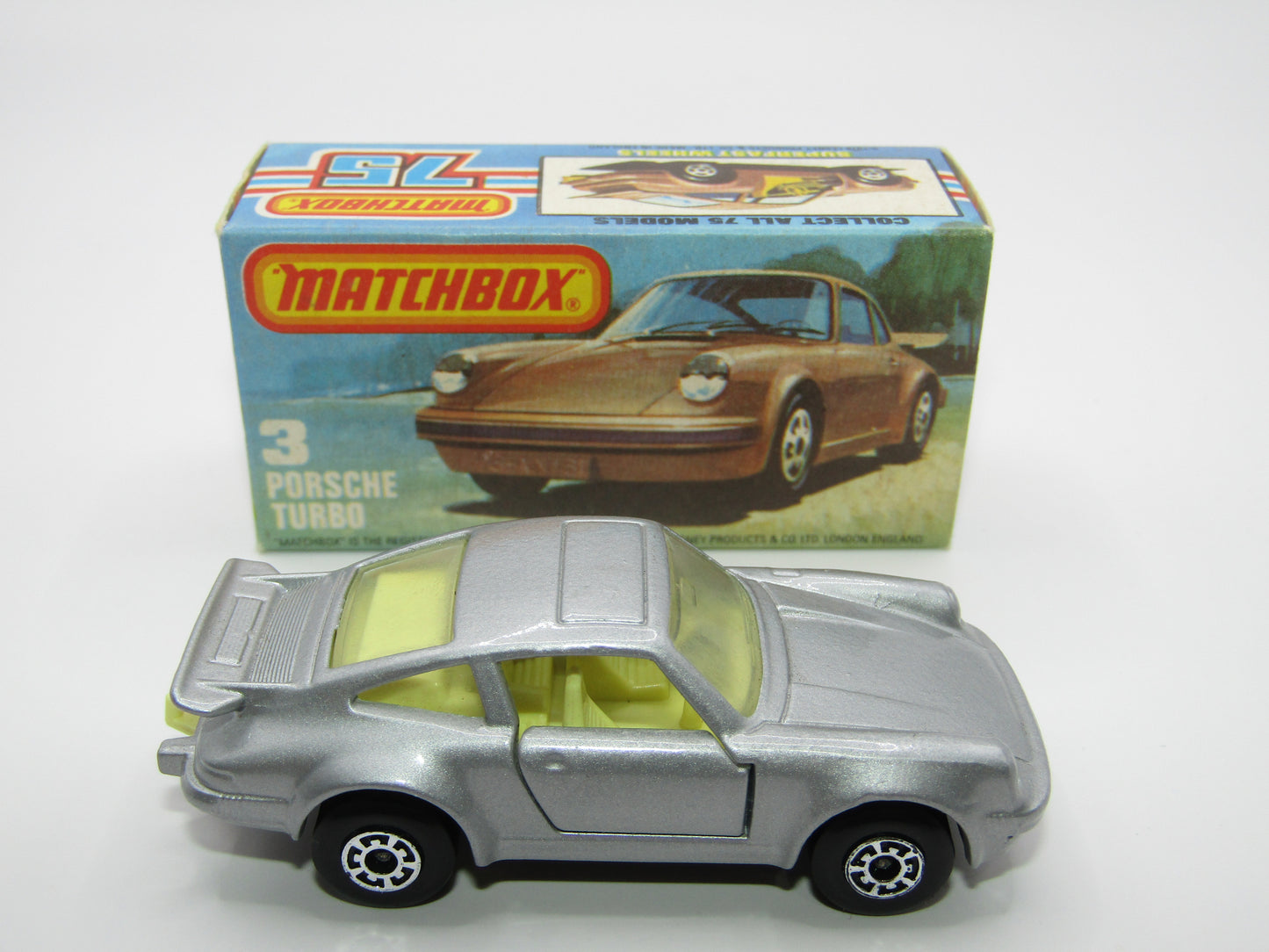 Matchbox Superfast 3C Porsche Turbo Silver, YELLOW Interior BLACK Base