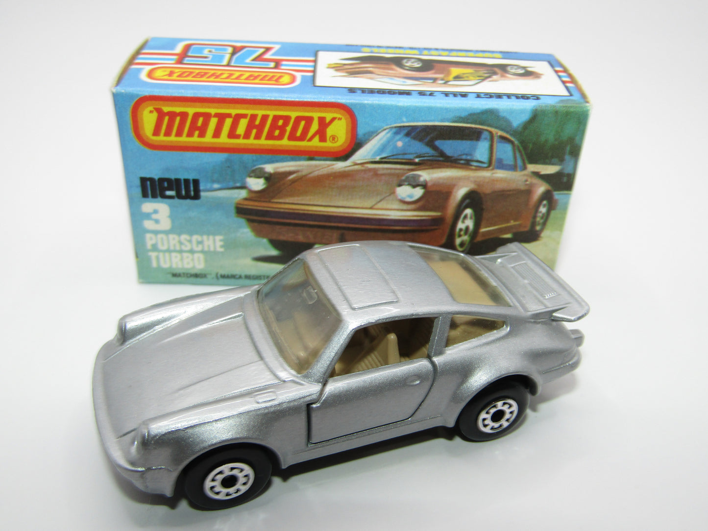 Matchbox Superfast 3C Porsche Turbo Silver, TAN Interior, GLOSS Black Base