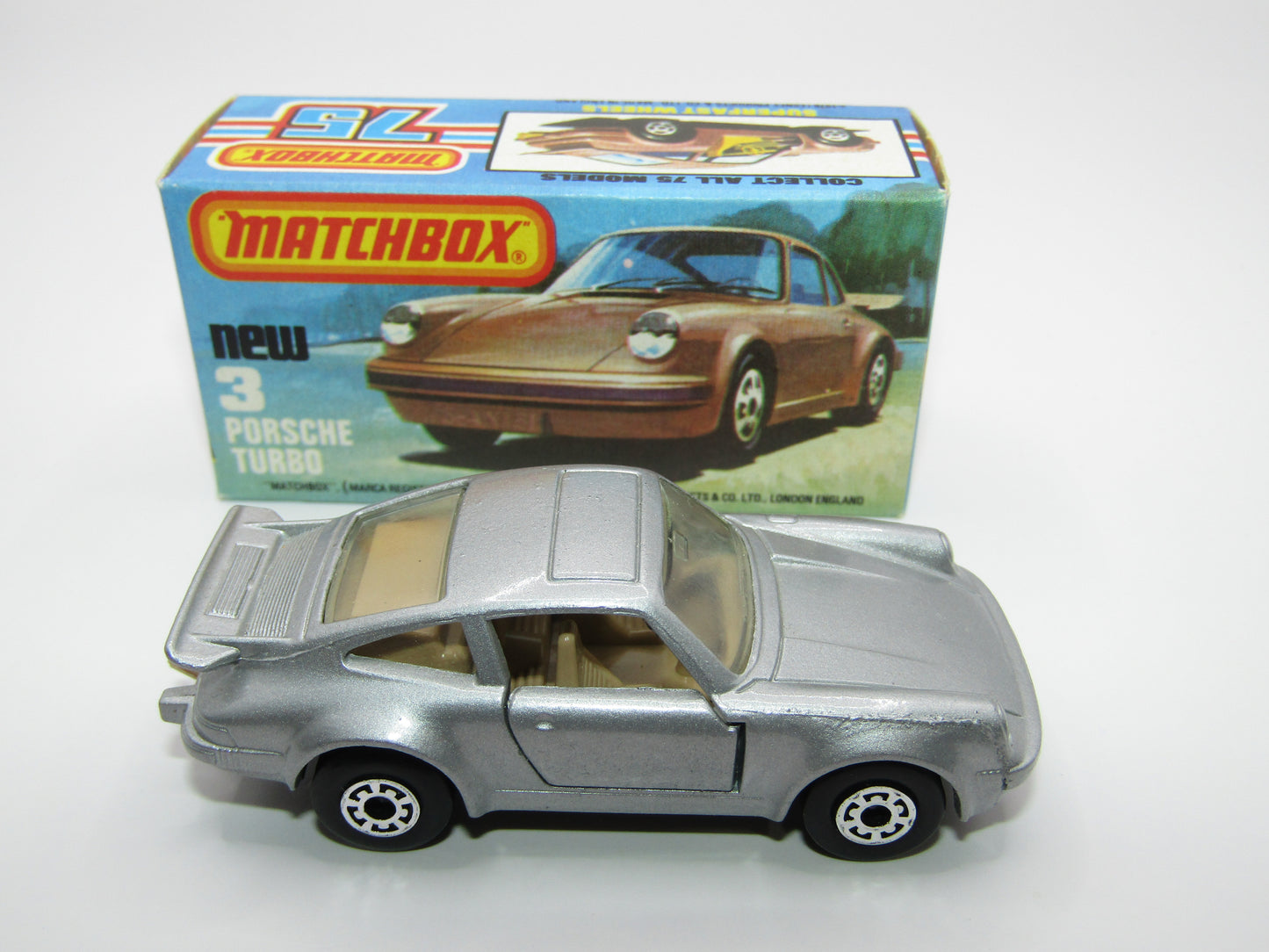 Matchbox Superfast 3C Porsche Turbo Silver, TAN Interior, GLOSS Black Base