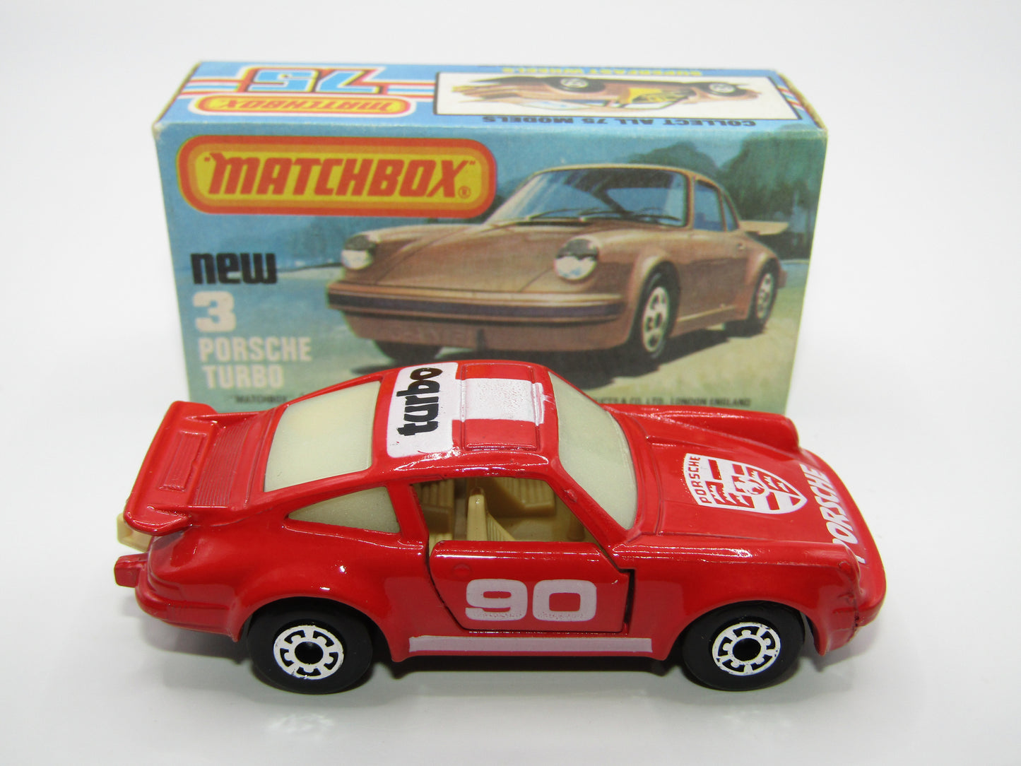 Matchbox Superfast 3C Porsche Turbo Red, OPAQUE Windows, Tan Interior, Gloss Black Base