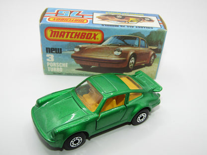 Matchbox Superfast 3C Porsche Turbo SPARKLING Metallic Green, Metallic Grey Brown Base