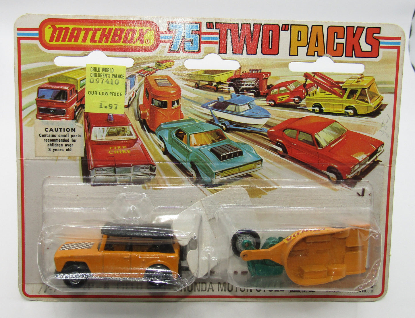 Matchbox Superfast Twin Pack TP-8 Field Car Checker Label & Honda Motorcycle Trailer