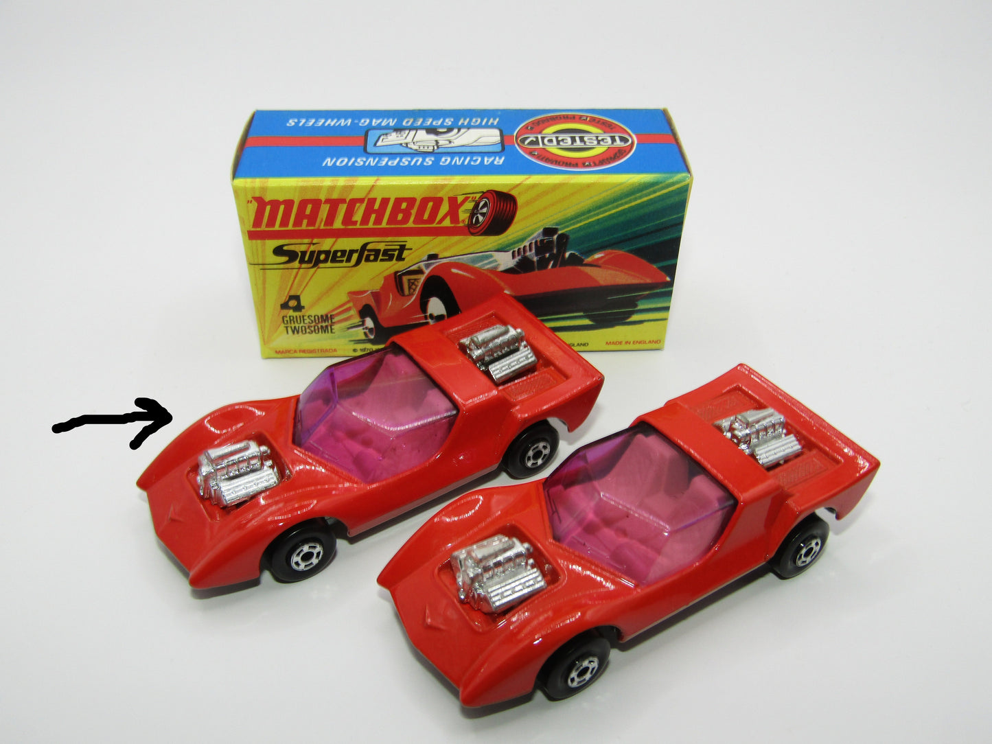 Matchbox Superfast 4B Gruesome Twosome RED Pale Yellow Interior