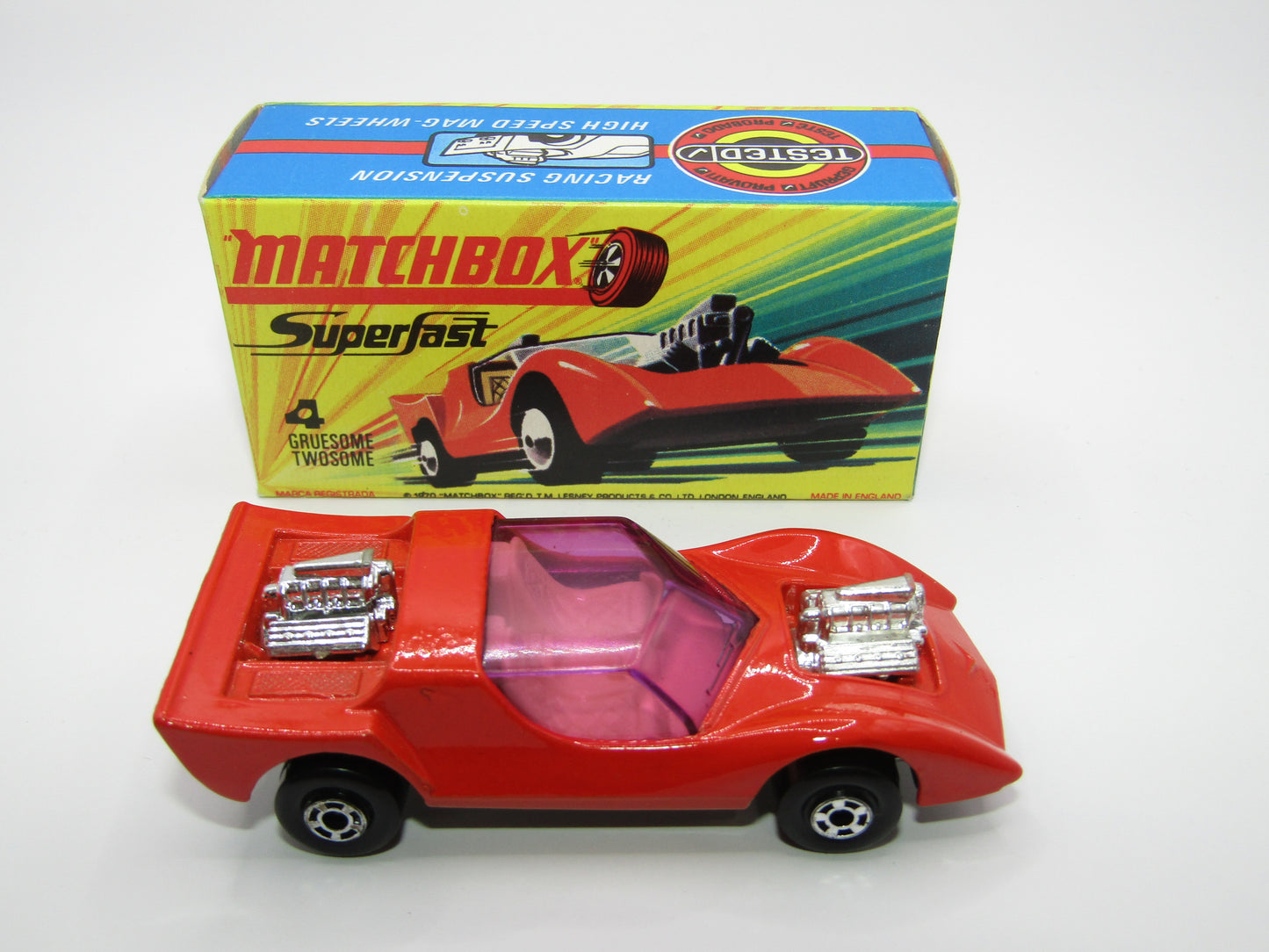 Matchbox Superfast 4B Gruesome Twosome ORANGE RED Ivory Interior