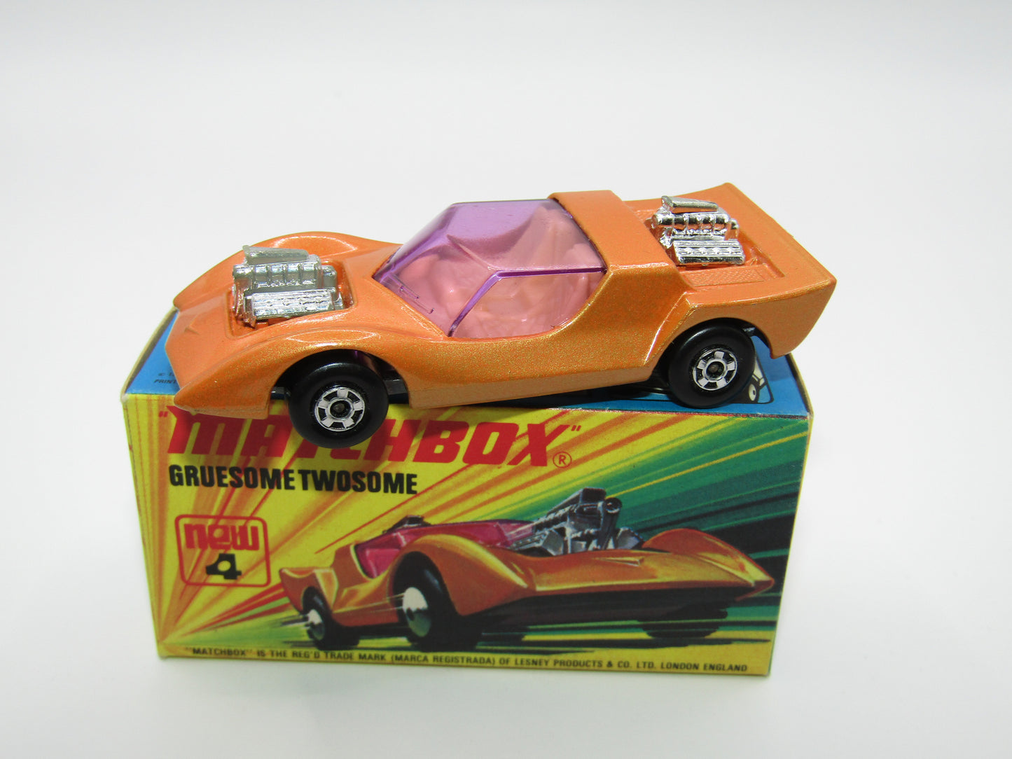 Matchbox Superfast 4B Gruesome Twosome Orange Gold LIGHT PURPLE windows