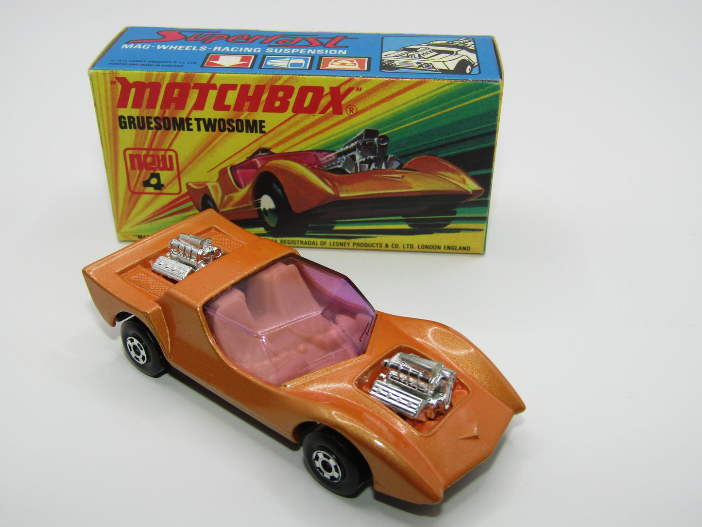 Matchbox Superfast 4B Gruesome Twosome Orange Gold LIGHT PURPLE windows