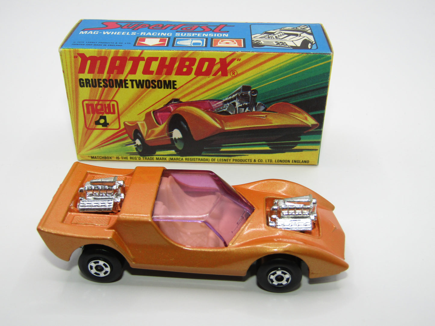 Matchbox Superfast 4B Gruesome Twosome Orange Gold LIGHT PURPLE windows