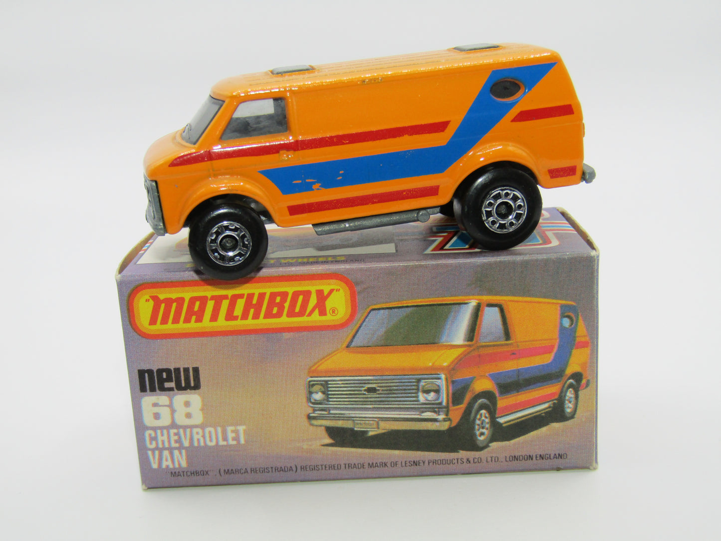 Matchbox Superfast 68C Chevy Van SMOKE Windows Blue & Red Stripe