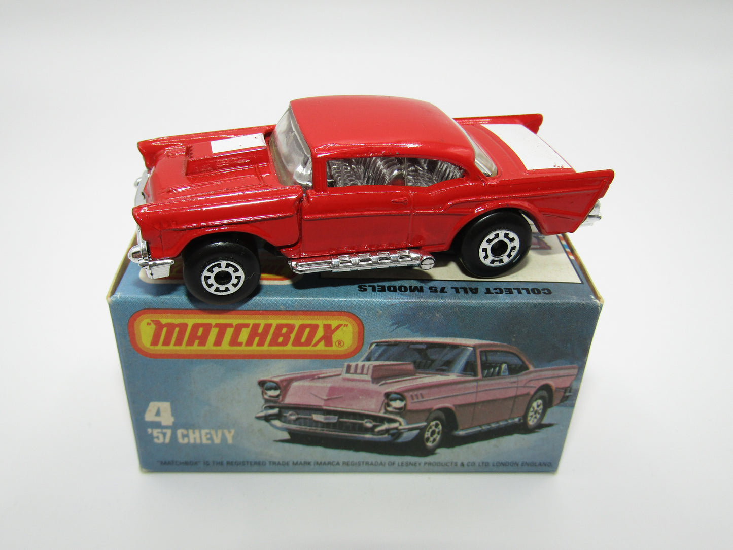 Matchbox Superfast 4D '57 Chevy Red - MISSING SIDE CHERRY BOMB Tampo's