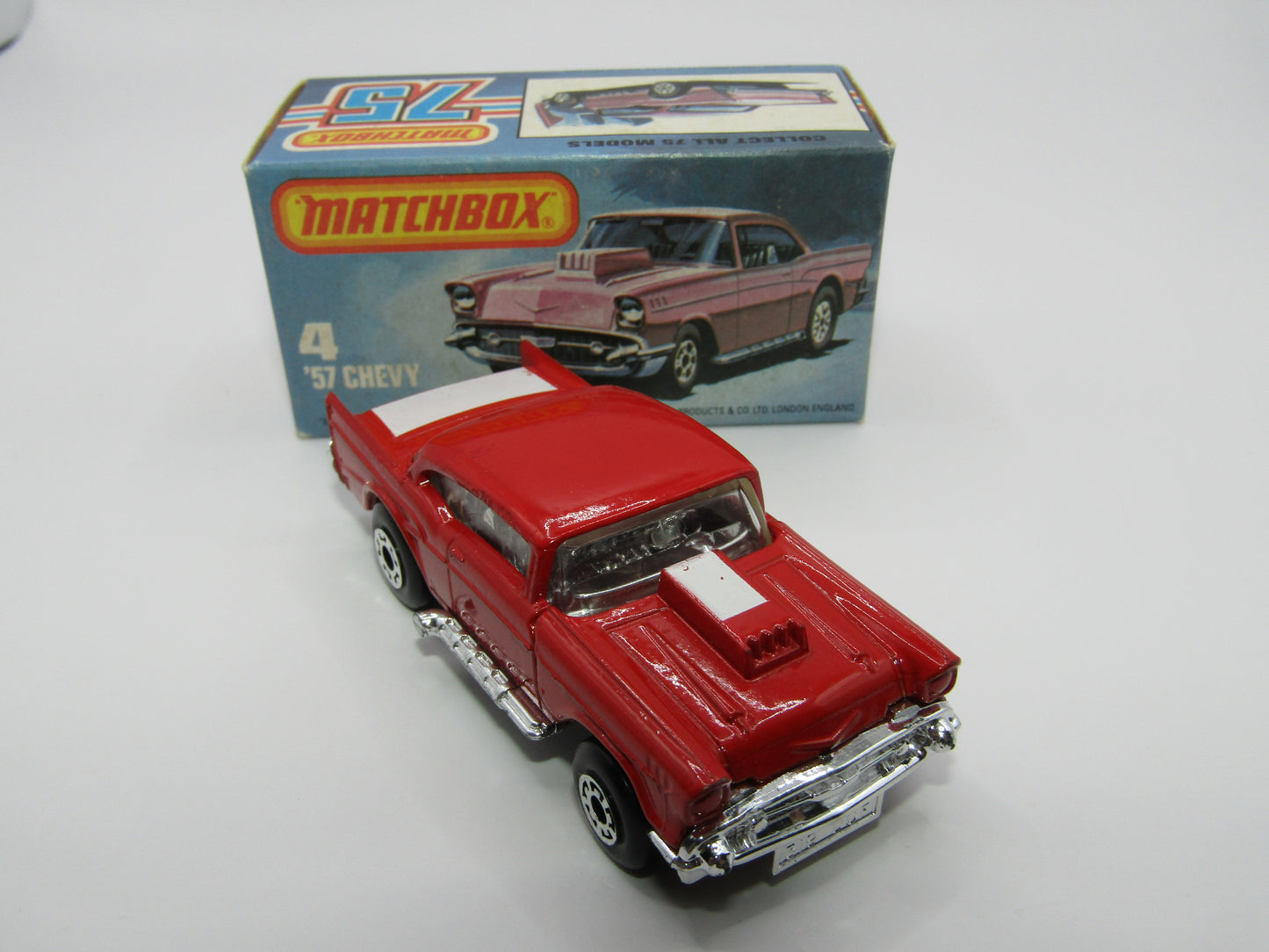 Matchbox Superfast 4D '57 Chevy Red - MISSING SIDE CHERRY BOMB Tampo's