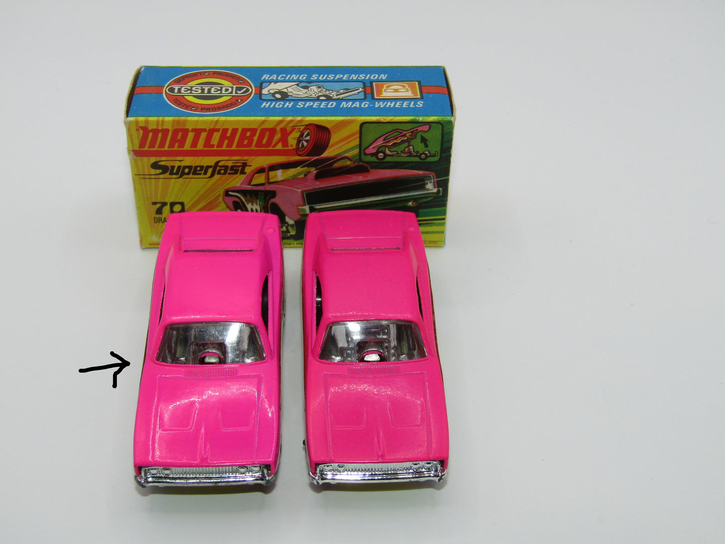 Matchbox Superfast 70B Dodge Dragster Light Hot Pink Dark Yellow Base