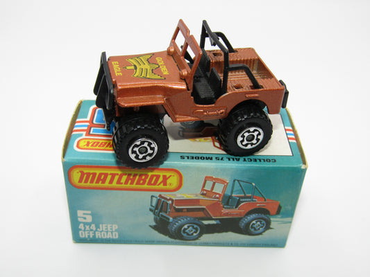 Matchbox Superfast 5D 4X4 Jeep DARK BRONZE, Roll Bar, Wide Maltese Cross Wheels