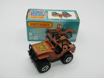 Matchbox Superfast 5D 4X4 Jeep DARK BRONZE, Roll Bar, Wide Maltese Cross Wheels