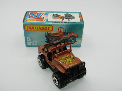 Matchbox Superfast 5D 4X4 Jeep DARK BRONZE, Roll Bar, Wide Maltese Cross Wheels