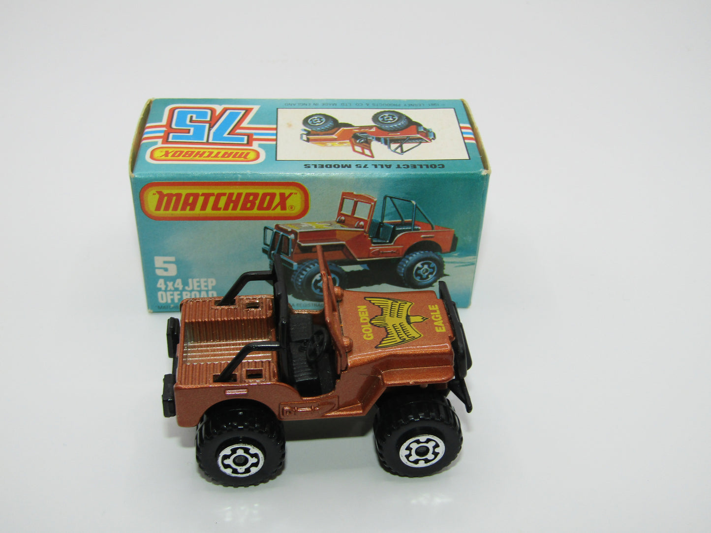 Matchbox Superfast 5D 4X4 Jeep DARK BRONZE, Roll Bar, Wide Maltese Cross Wheels