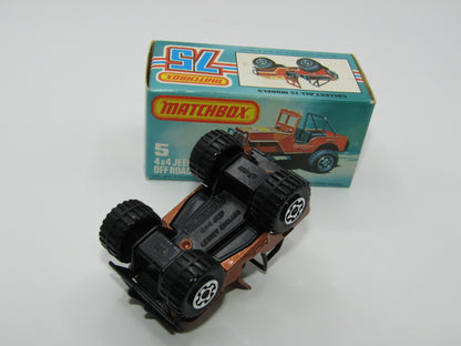 Matchbox Superfast 5D 4X4 Jeep DARK BRONZE, Roll Bar, Wide Maltese Cross Wheels