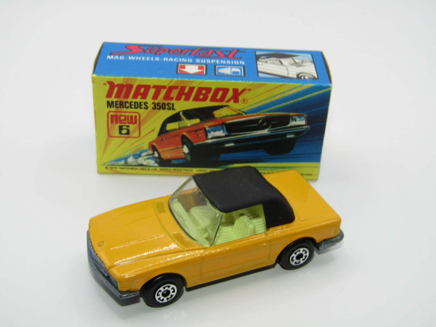 Matchbox Superfast 6B Mercedes 350SL Dark Yellow CLEAR Windows 5 Arch Wheels