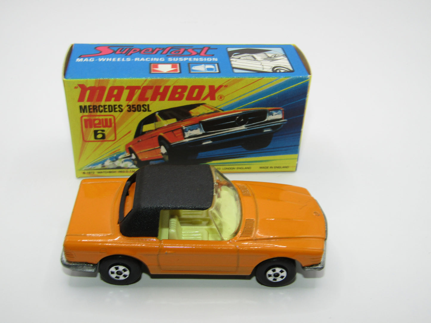 Matchbox Superfast 6B Mercedes 350SL Orange CLEAR Windows 5 Spoke Small Slot Wheels