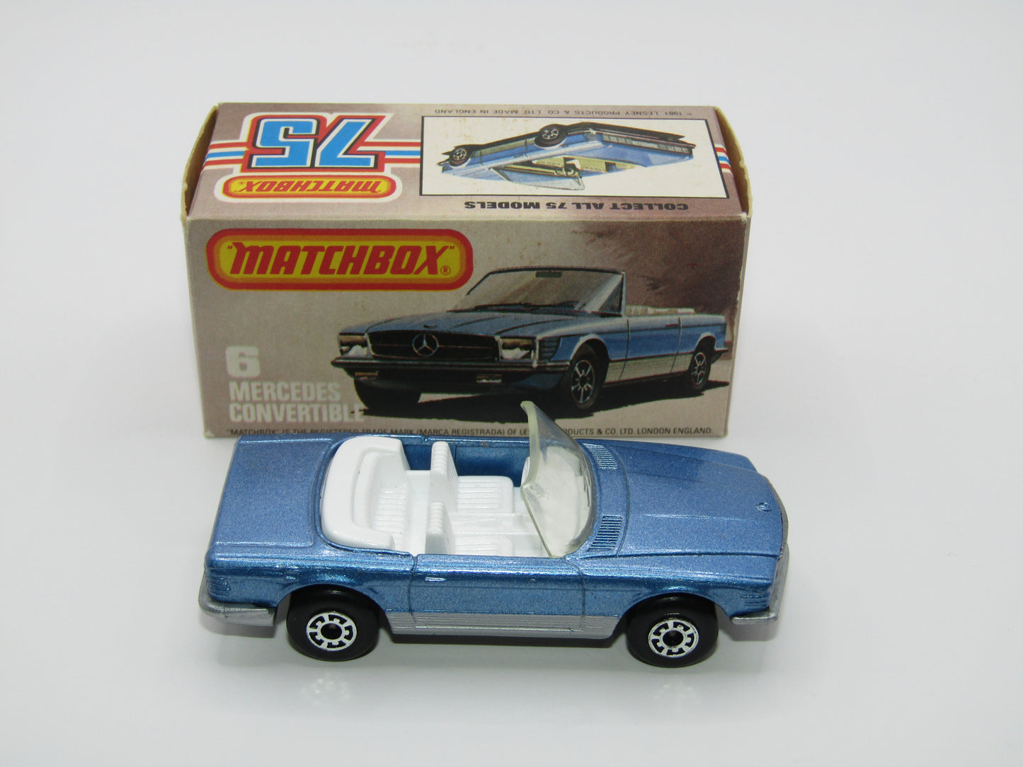 Matchbox Superfast 6B Mercedes 350SL Convertible Metallic Blue, SILVER Base 5 Arch Wheels